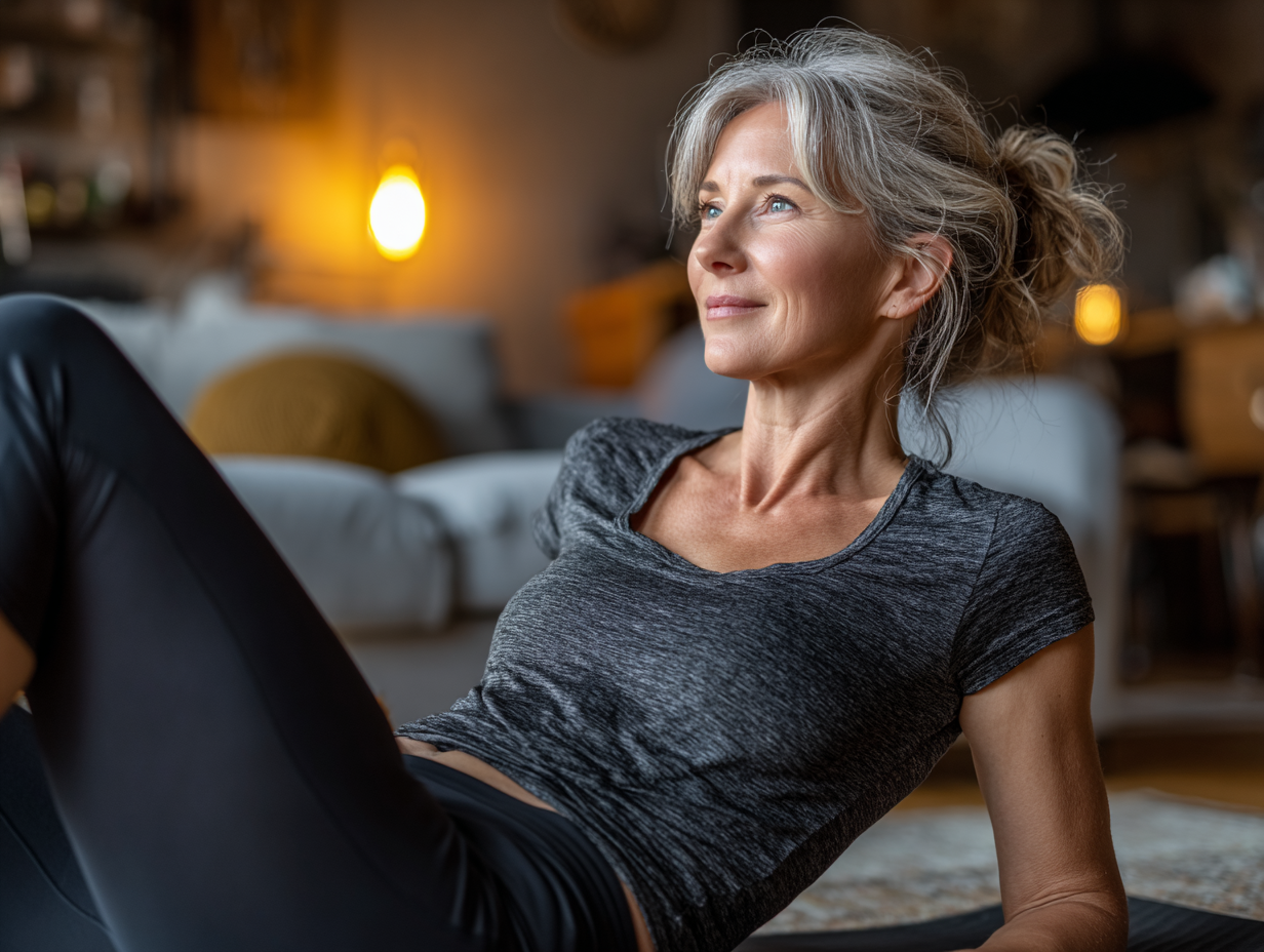 Група людей зрілого віку під час заняття йогою в світлій студії