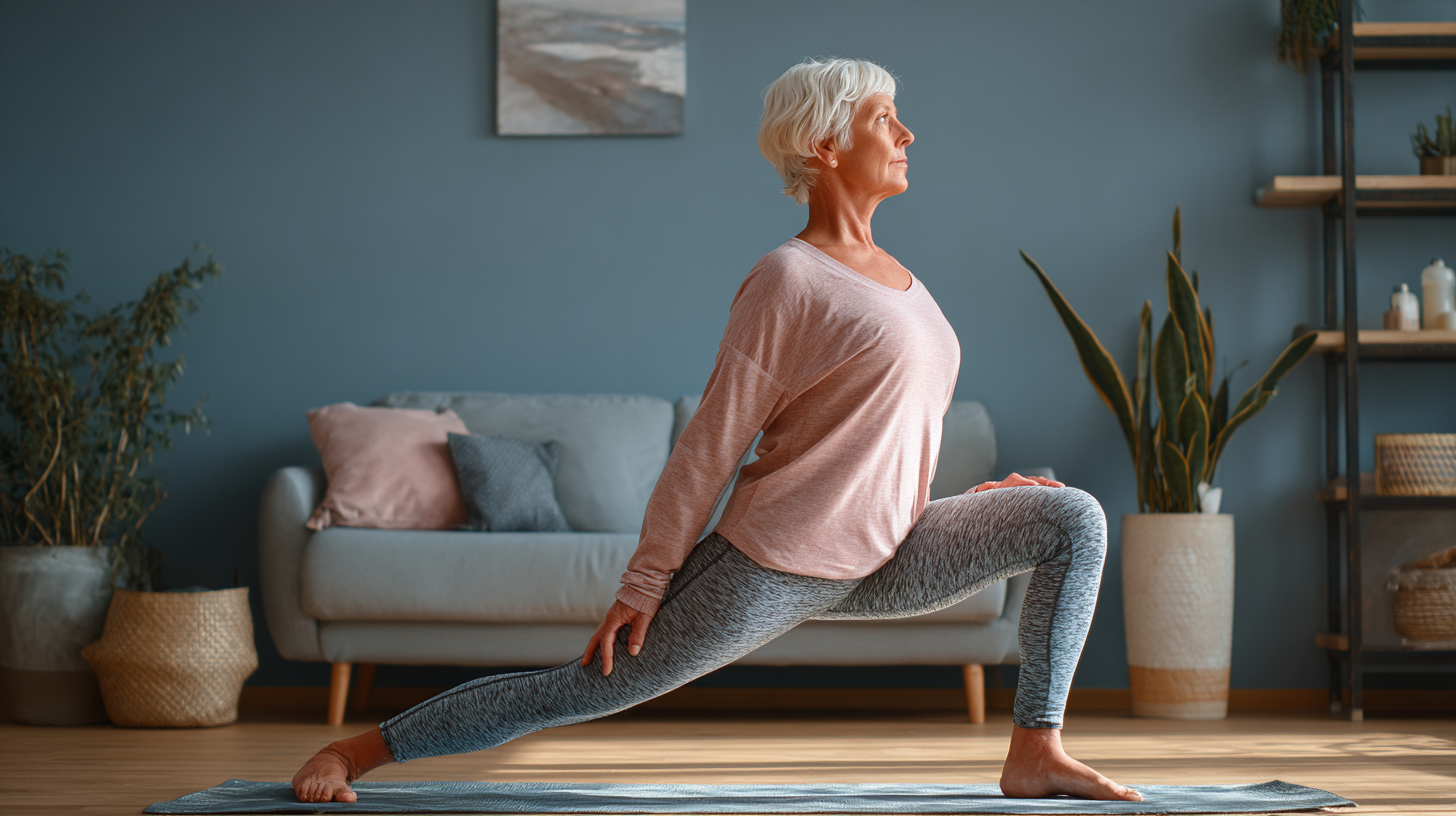 Інструктор йоги демонструє вправу групі людей старшого віку